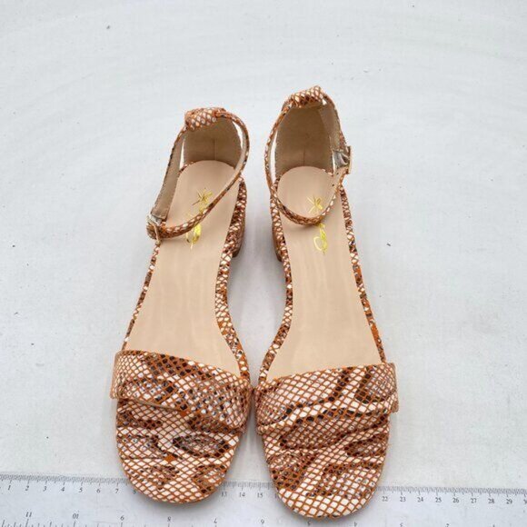 XYD Orange Snakeskin Open Toe Ankle Strap Buckled Low Chunky Heel Sandal - Picture 3 of 8
